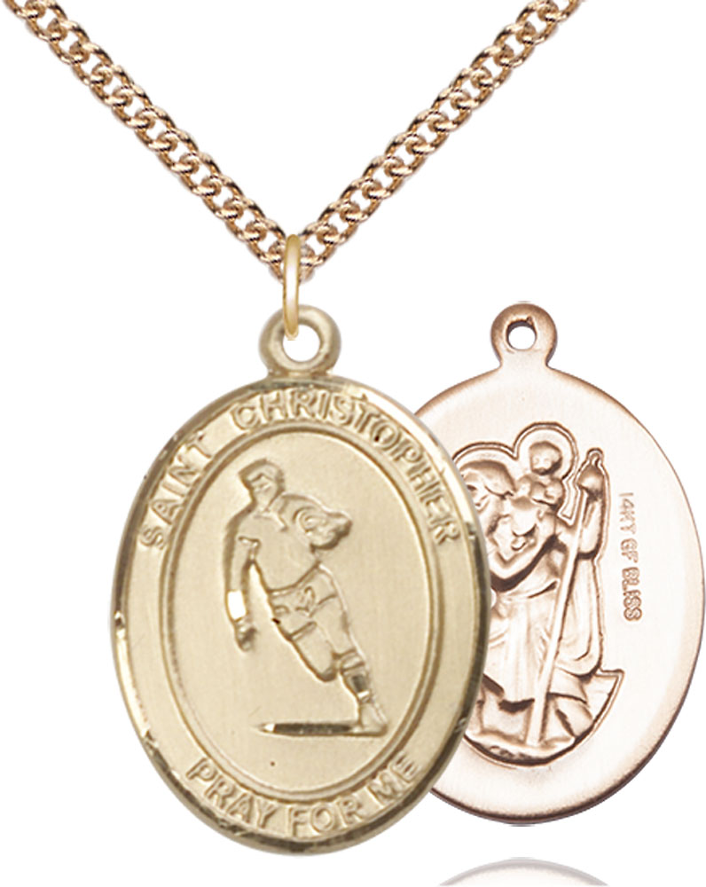 14kt Gold Filled Saint Christopher Rugby Pendant on a 24 inch Gold Filled Heavy Curb chain