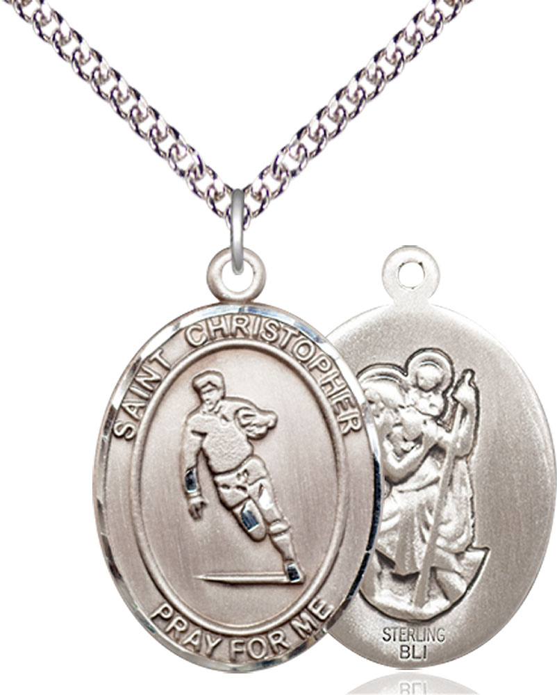 Sterling Silver Saint Christopher Rugby Pendant on a 24 inch Sterling Silver Heavy Curb chain