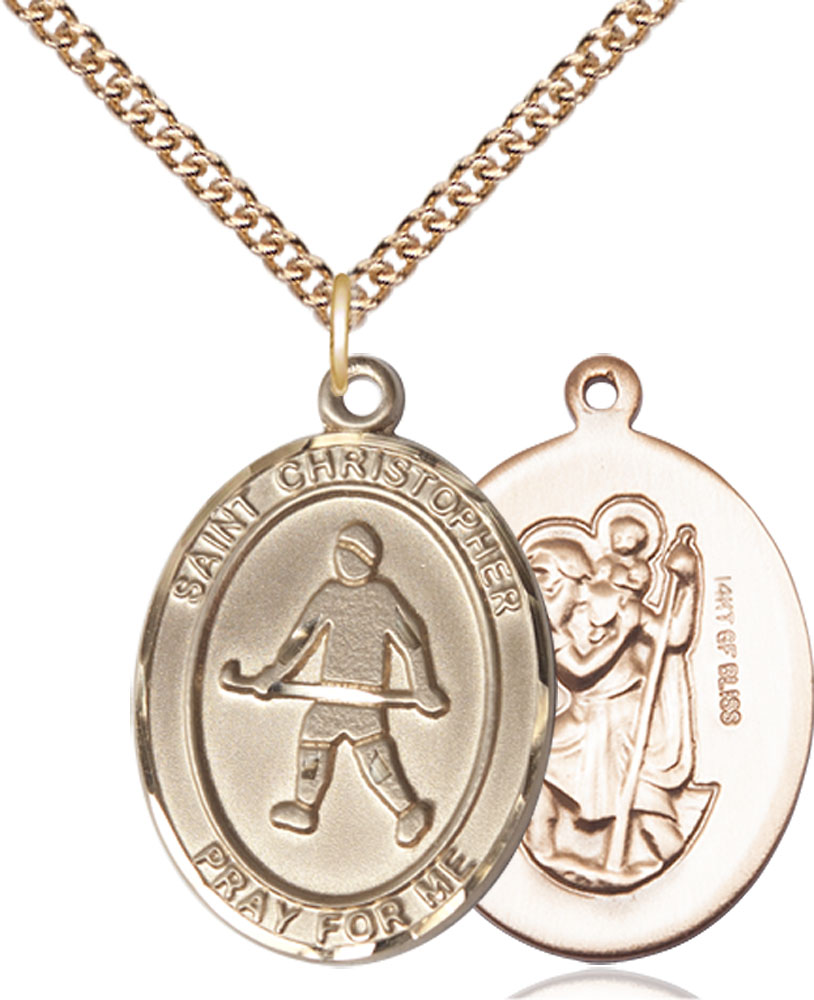 14kt Gold Filled Saint Christopher Field Hockey Pendant on a 24 inch Gold Filled Heavy Curb chain