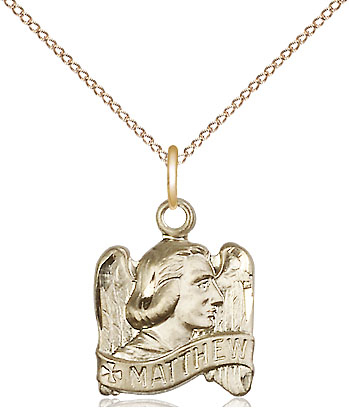 14kt Gold Filled Saint Matthew Pendant on a 18 inch Gold Filled Light Curb chain