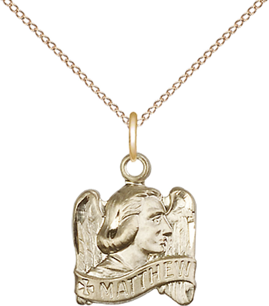 14kt Gold Filled Saint Matthew Pendant on a 18 inch Gold Filled Light Curb chain