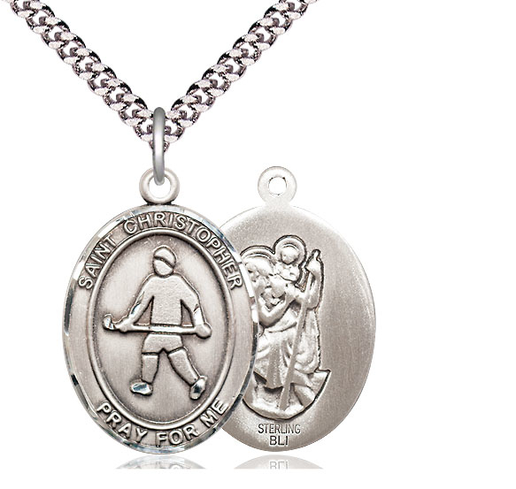 Sterling Silver Saint Christopher Field Hockey Pendant on a 24 inch Light Rhodium Heavy Curb chain