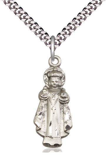 Sterling Silver Infant of Prague Pendant on a 24 inch Light Rhodium Heavy Curb chain
