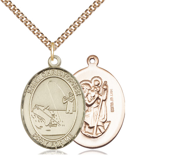 14kt Gold Filled Saint Christopher Fishing Pendant on a 24 inch Gold Filled Heavy Curb chain