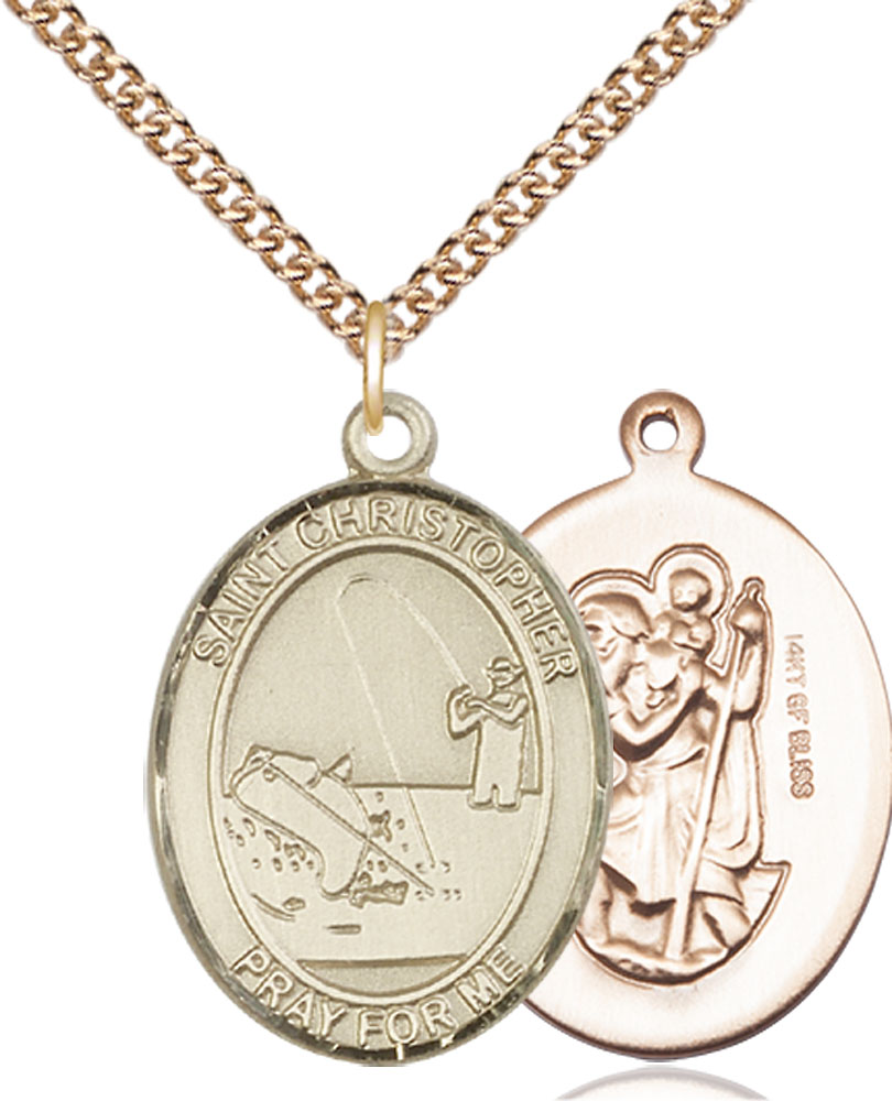14kt Gold Filled Saint Christopher Fishing Pendant on a 24 inch Gold Filled Heavy Curb chain