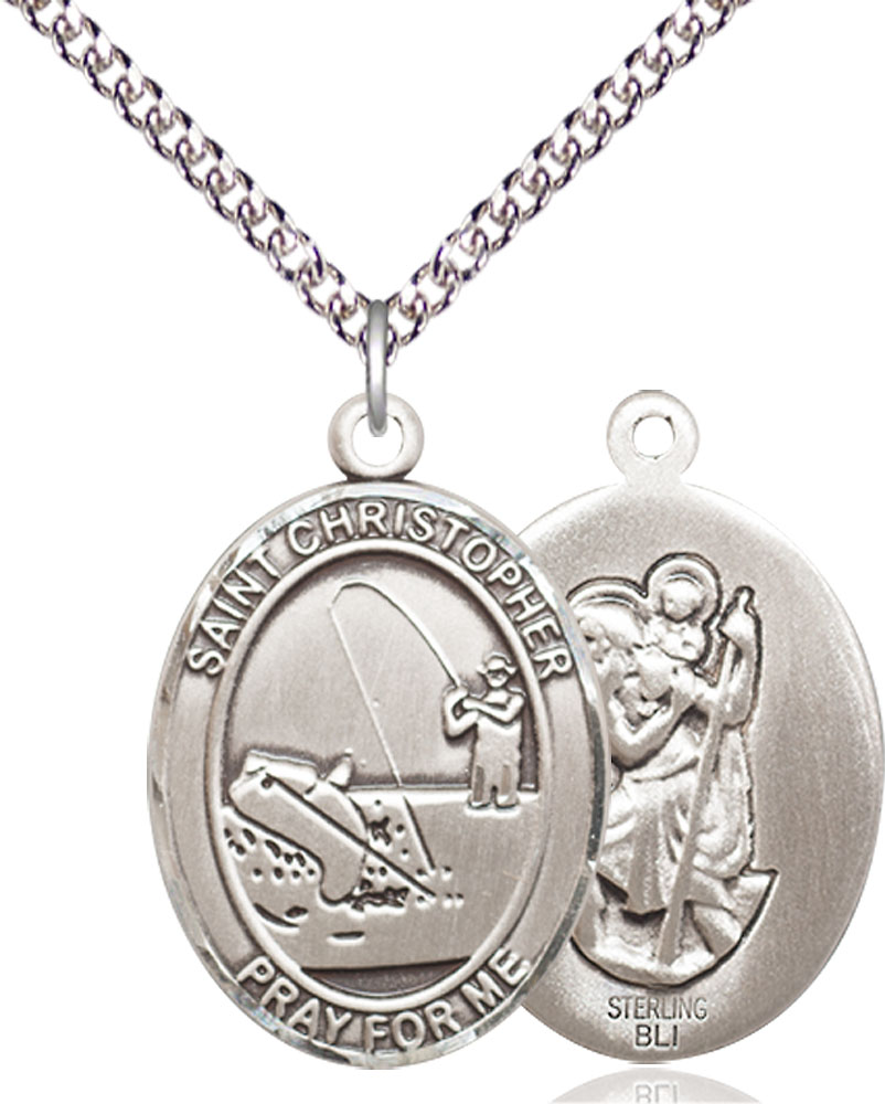 Sterling Silver Saint Christopher Fishing Pendant on a 24 inch Sterling Silver Heavy Curb chain