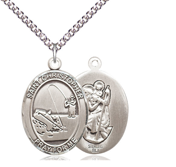 Sterling Silver Saint Christopher Fishing Pendant on a 24 inch Sterling Silver Heavy Curb chain