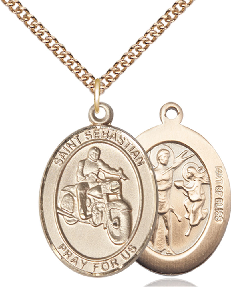 14kt Gold Filled Saint Sebastian Motorcycle Pendant on a 24 inch Gold Filled Heavy Curb chain