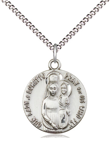 Sterling Silver Our Lady of Loretto Pendant on a 18 inch Light Rhodium Light Curb chain