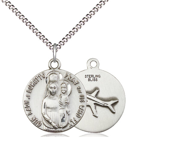 Sterling Silver Our Lady of Loretto Pendant on a 18 inch Light Rhodium Light Curb chain