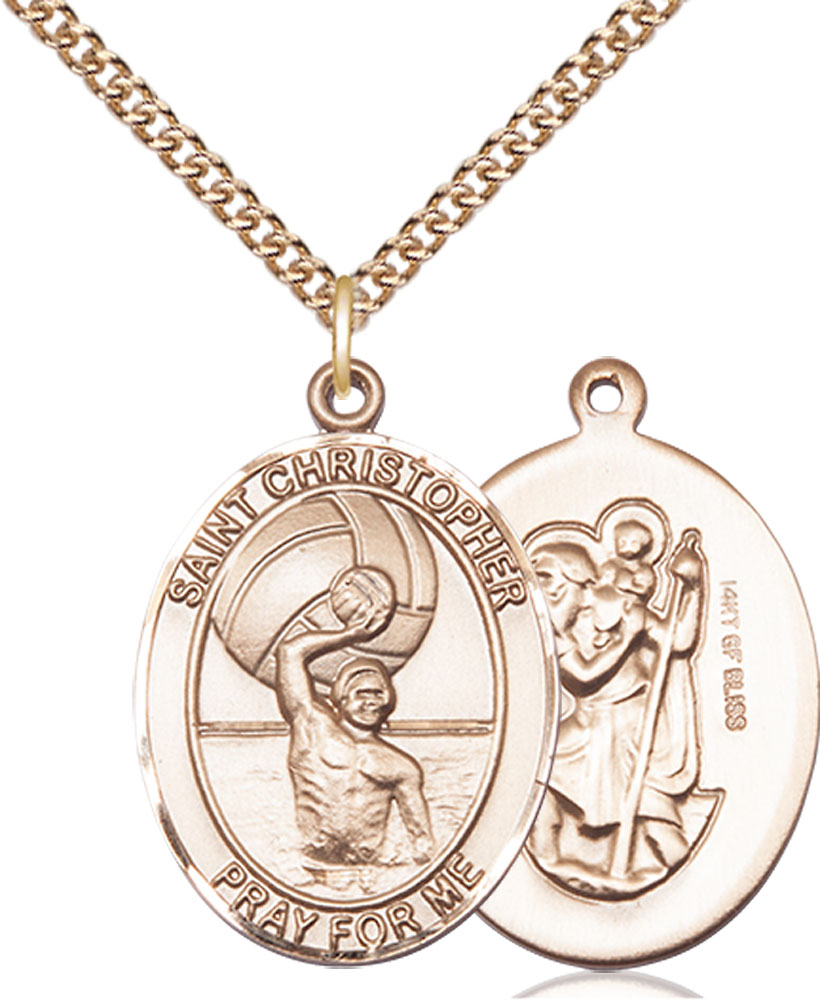 14kt Gold Filled Saint Christopher Water Polo-Men Pendant on a 24 inch Gold Filled Heavy Curb chain