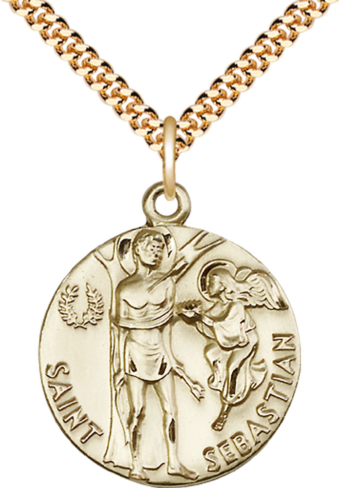 14kt Gold Filled Saint Sebastian Pendant on a 24 inch Gold Plate Heavy Curb chain