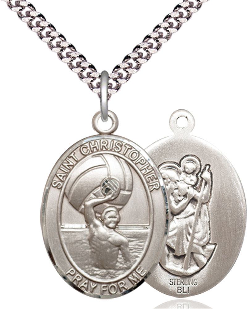Sterling Silver Saint Christopher Water Polo-Men Pendant on a 24 inch Light Rhodium Heavy Curb chain
