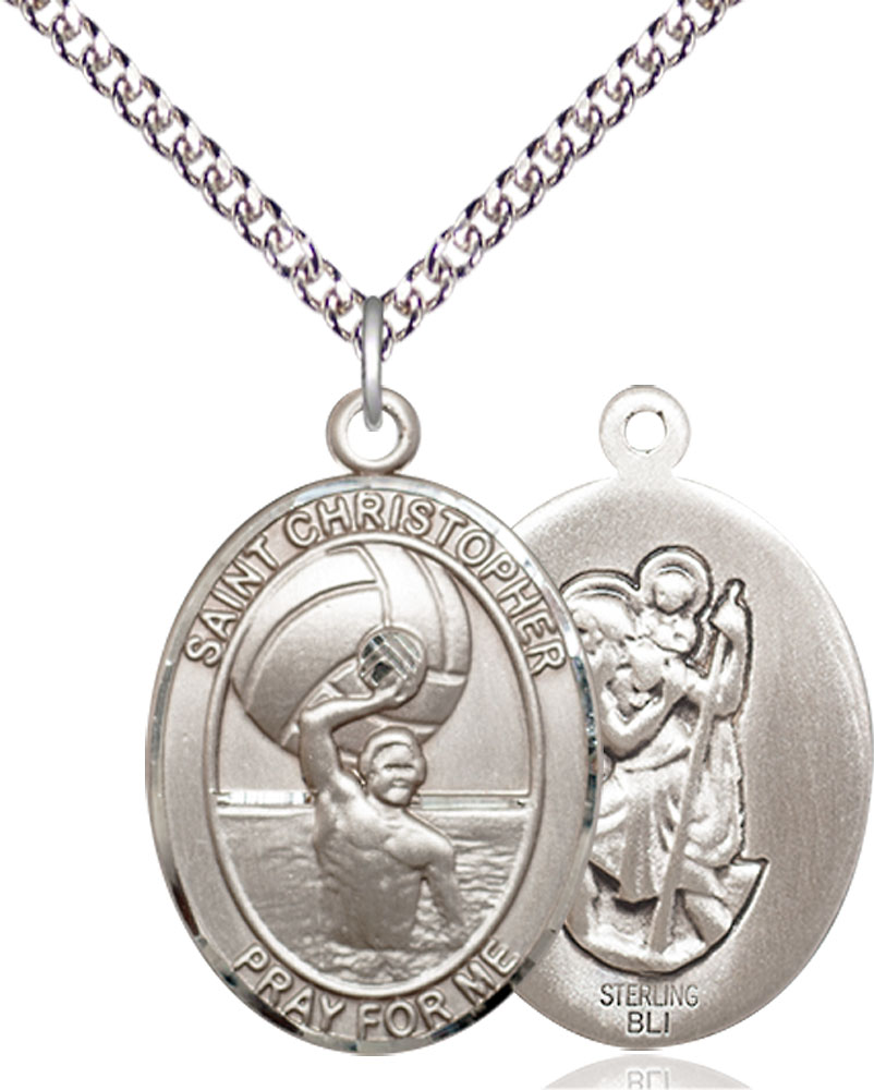 Sterling Silver Saint Christopher Water Polo-Men Pendant on a 24 inch Sterling Silver Heavy Curb chain
