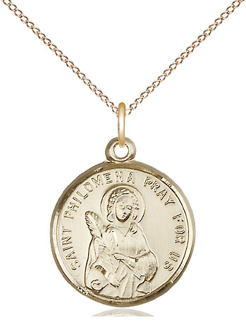 14kt Gold Filled Saint Philomena Pendant on a 18 inch Gold Filled Light Curb chain