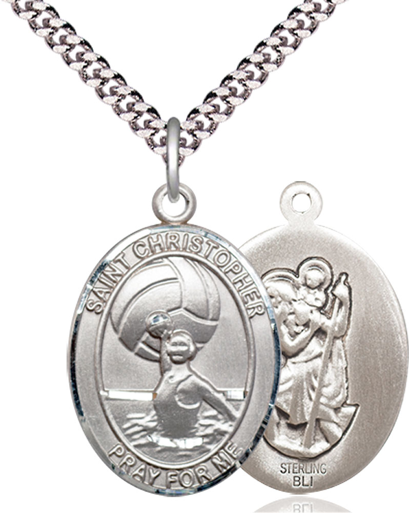 Sterling Silver Saint Christopher Water Polo-Women Pendant on a 24 inch Light Rhodium Heavy Curb chain