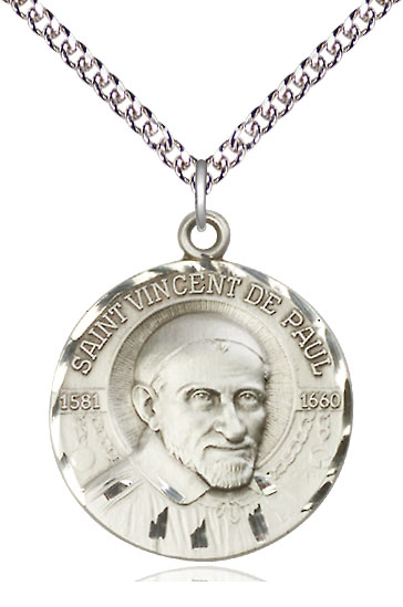 Sterling Silver Saint Vincent de Paul Pendant on a 24 inch Sterling Silver Heavy Curb chain