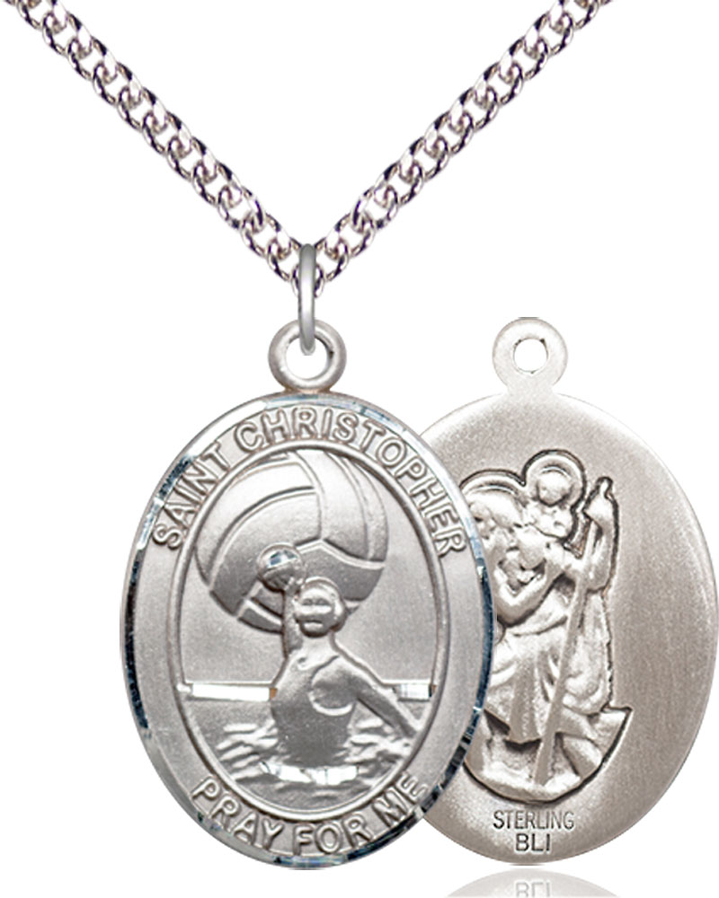 Sterling Silver Saint Christopher Water Polo-Women Pendant on a 24 inch Sterling Silver Heavy Curb chain