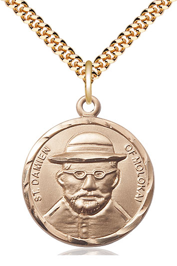 14kt Gold Filled Saint Damien of Molokai Pendant on a 24 inch Gold Plate Heavy Curb chain