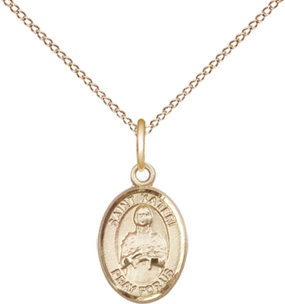 14kt Gold Filled Saint Kateri Pendant on a 18 inch Gold Filled Light Curb chain