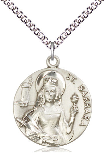 Sterling Silver Saint Barbara Pendant on a 24 inch Sterling Silver Heavy Curb chain