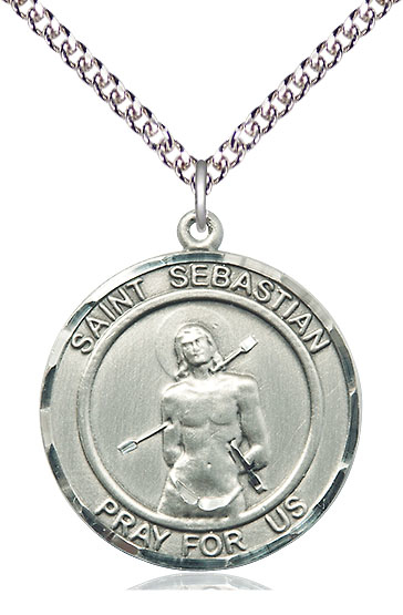 Sterling Silver Saint Sebastian Pendant on a 24 inch Sterling Silver Heavy Curb chain