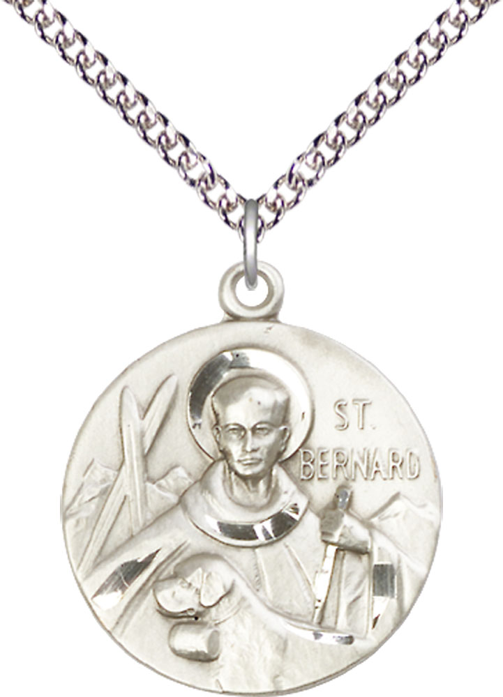 Sterling Silver Saint Bernard of Monjoux Pendant on a 24 inch Sterling Silver Heavy Curb chain