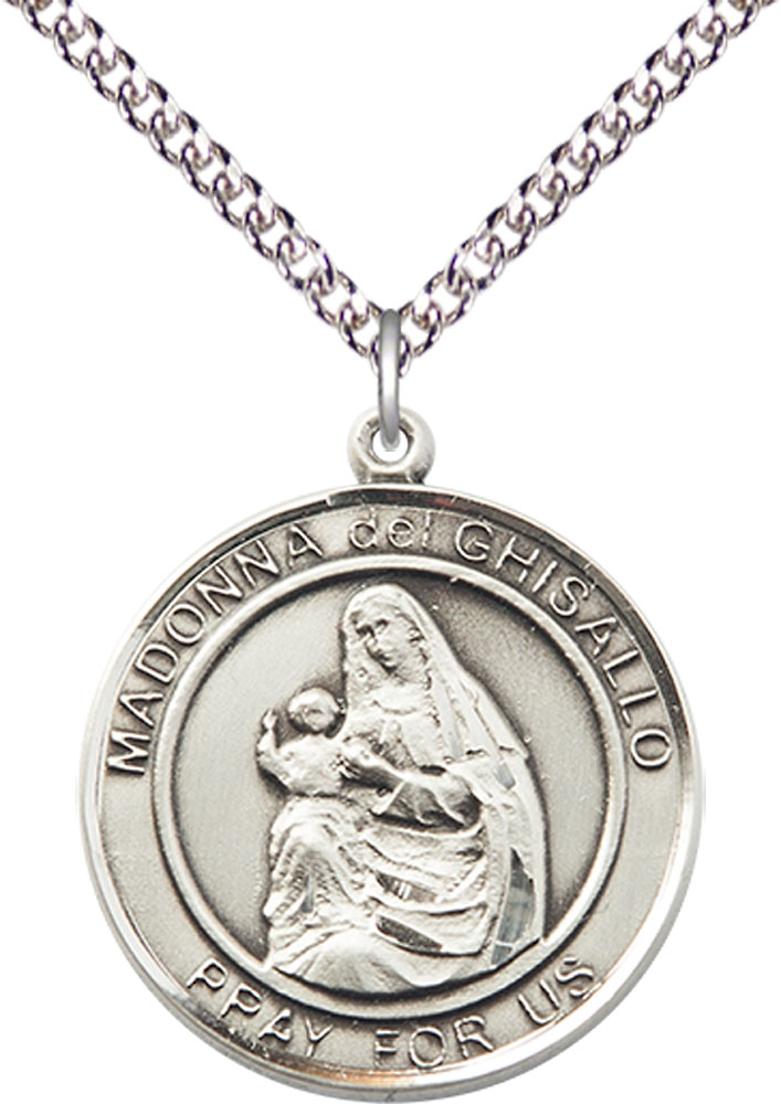 Sterling Silver Madonna del Ghisallo Pendant on a 24 inch Sterling Silver Heavy Curb chain