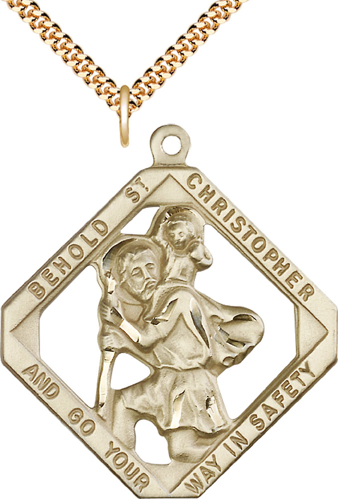 14kt Gold Filled Saint Christopher Pendant on a 24 inch Gold Plate Heavy Curb chain