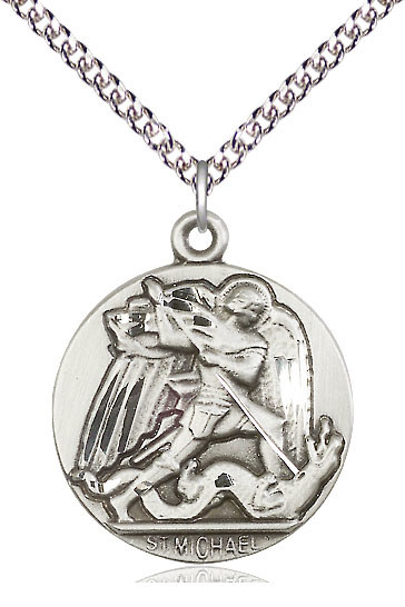 Sterling Silver Saint Michael the Archangel Pendant on a 24 inch Sterling Silver Heavy Curb chain