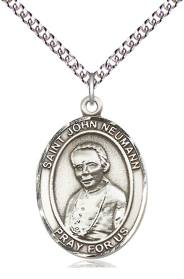 Sterling Silver Saint John Neumann Pendant on a 24 inch Sterling Silver Heavy Curb chain