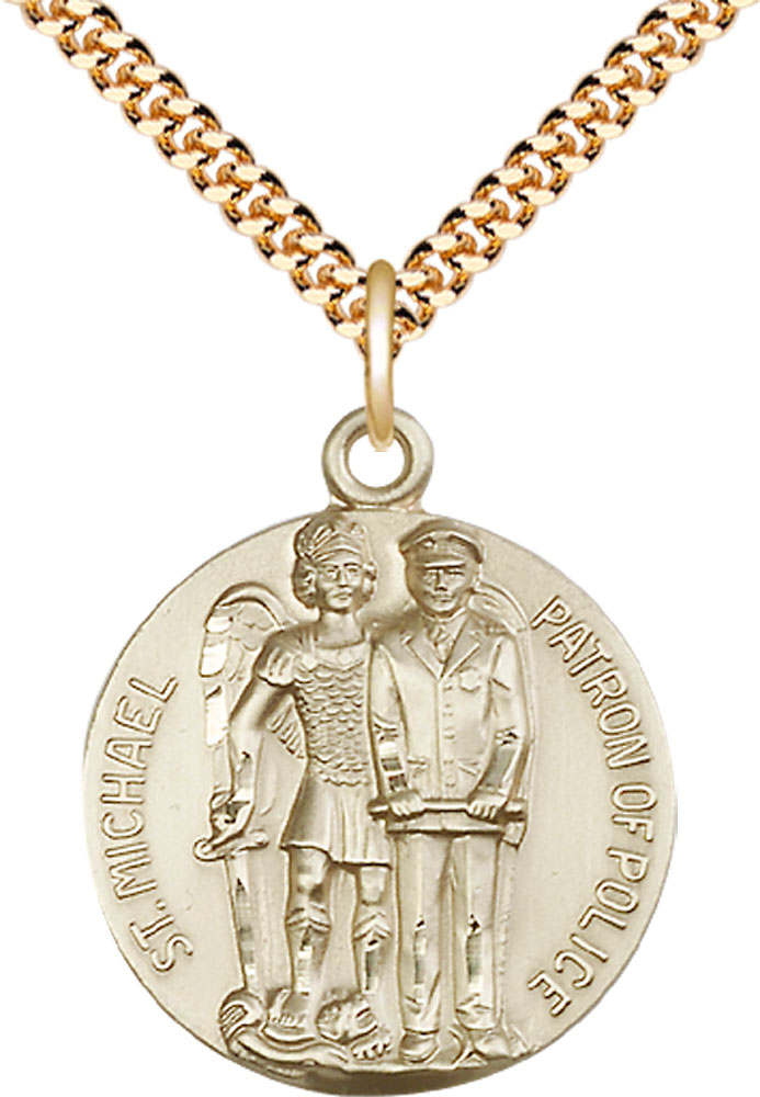 14kt Gold Filled Saint Michael the Archangel Pendant on a 24 inch Gold Plate Heavy Curb chain