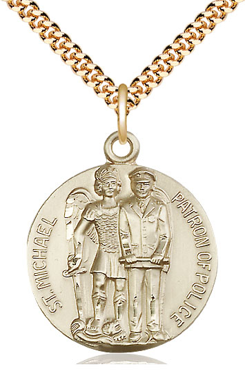 14kt Gold Filled Saint Michael the Archangel Pendant on a 24 inch Gold Plate Heavy Curb chain