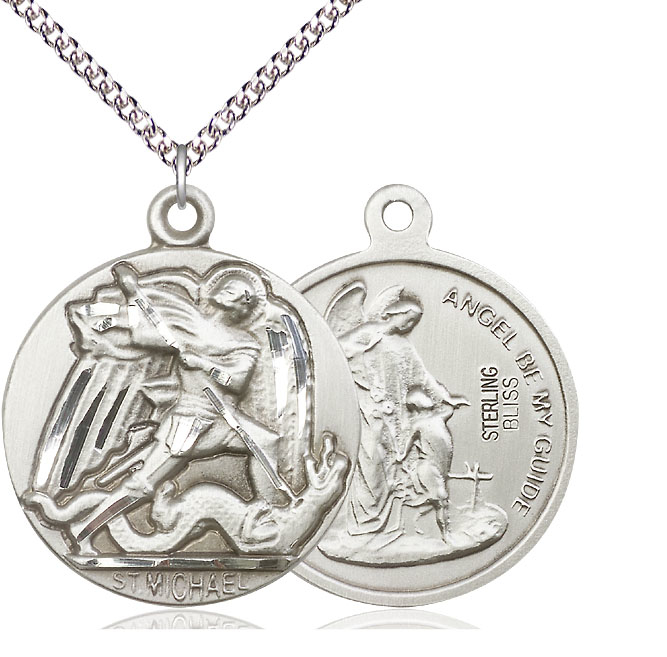 Sterling Silver Saint Michael the Archangel Pendant on a 24 inch Sterling Silver Heavy Curb chain