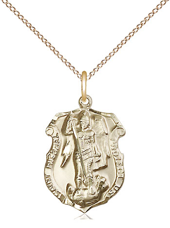 14kt Gold Filled Saint Michael the Archangel Shield Pendant on a 18 inch Gold Filled Light Curb chain