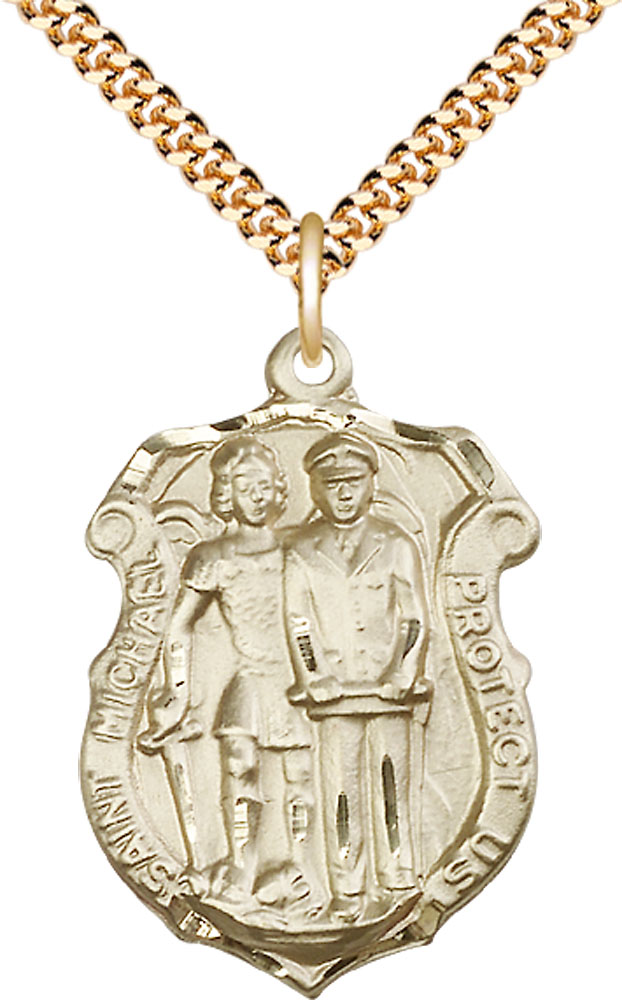 14kt Gold Filled Saint Michael the Archangel Police Shield Pendant on a 24 inch Gold Plate Heavy Curb chain