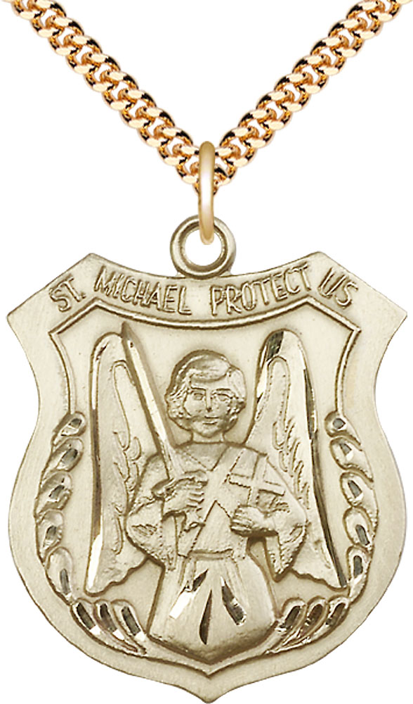 14kt Gold Filled Saint Michael the Archangel Pendant on a 24 inch Gold Plate Heavy Curb chain
