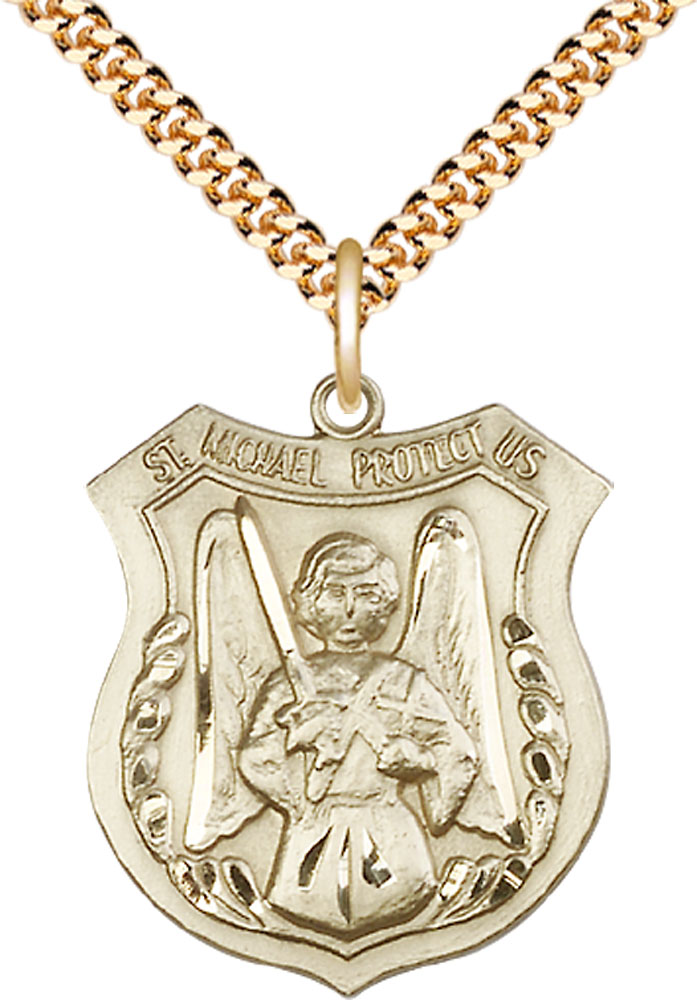 14kt Gold Filled Saint Michael the Archangel Pendant on a 24 inch Gold Plate Heavy Curb chain