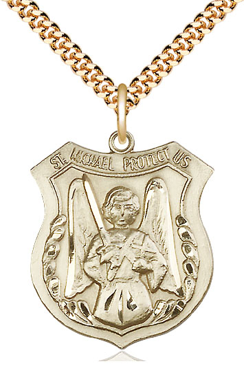 14kt Gold Filled Saint Michael the Archangel Pendant on a 24 inch Gold Plate Heavy Curb chain