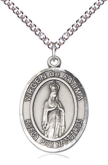 Sterling Silver Virgen de Fatima Pendant on a 24 inch Sterling Silver Heavy Curb chain