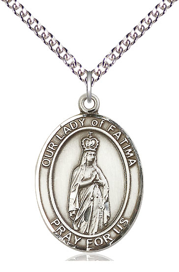 Sterling Silver Our Lady of Fatima Pendant on a 24 inch Sterling Silver Heavy Curb chain