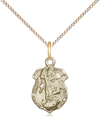 14kt Gold Filled Saint Michael the Archangel Shield Pendant on a 18 inch Gold Filled Light Curb chain