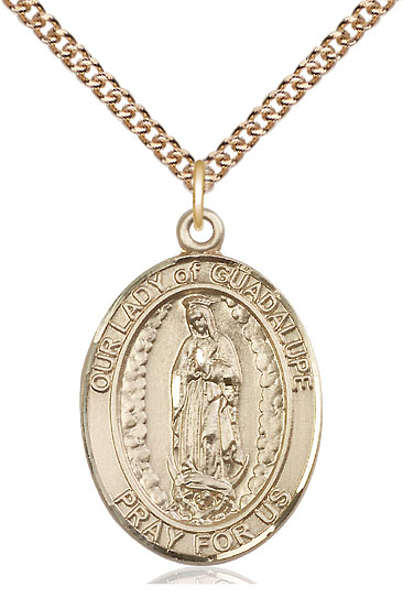 14kt Gold Filled Our Lady of Guadalupe Pendant on a 24 inch Gold Filled Heavy Curb chain