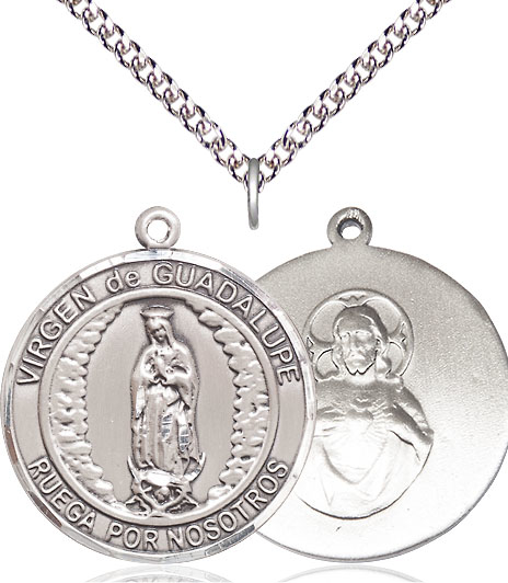 Sterling Silver Virgen de Guadalupe Pendant on a 24 inch Sterling Silver Heavy Curb chain