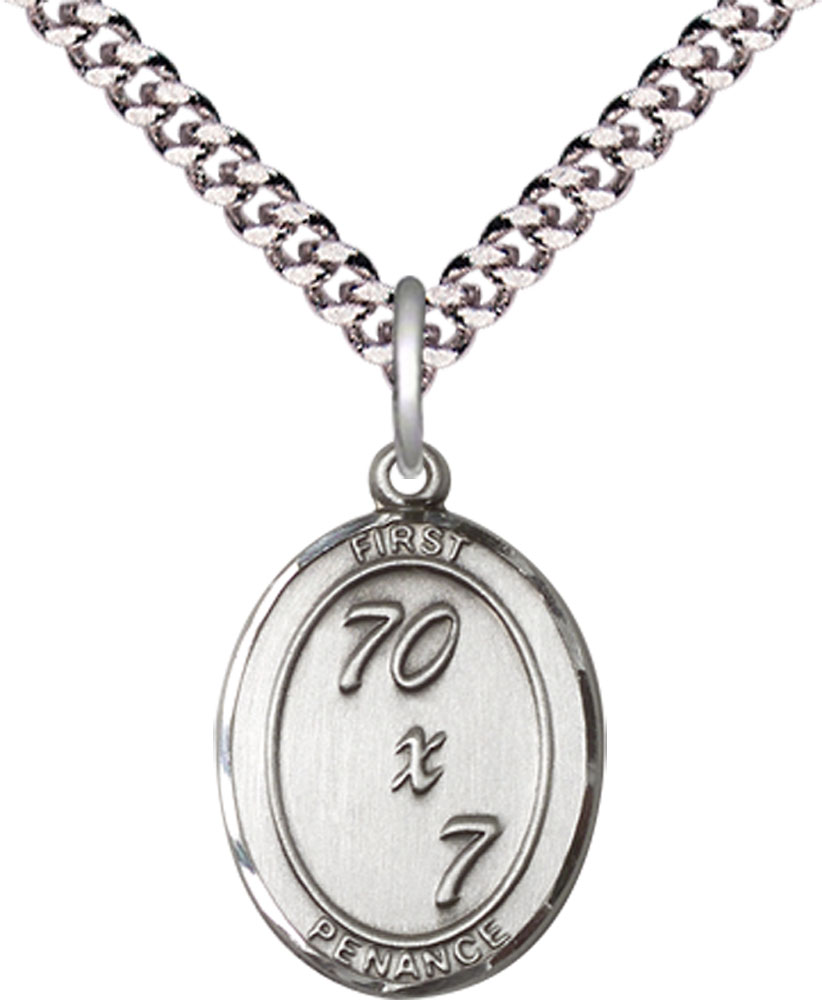 Sterling Silver First Penance Pendant on a 24 inch Light Rhodium Heavy Curb chain