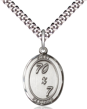 Sterling Silver First Penance Pendant on a 24 inch Light Rhodium Heavy Curb chain