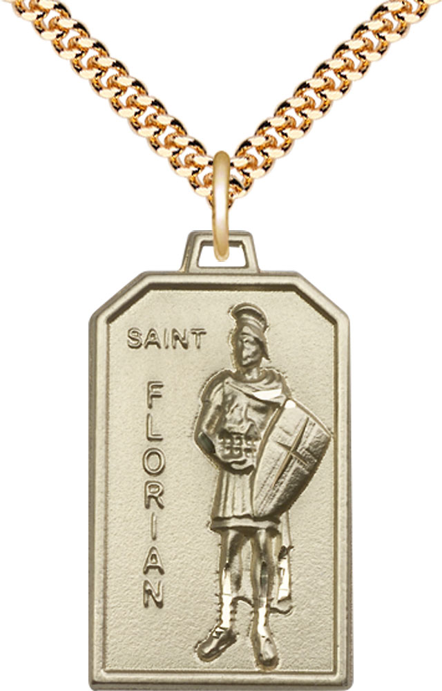 14kt Gold Filled Saint Florian Pendant on a 24 inch Gold Plate Heavy Curb chain