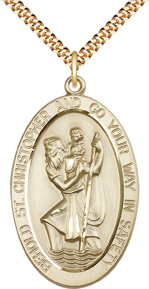 14kt Gold Filled Saint Christopher Pendant on a 24 inch Gold Plate Heavy Curb chain