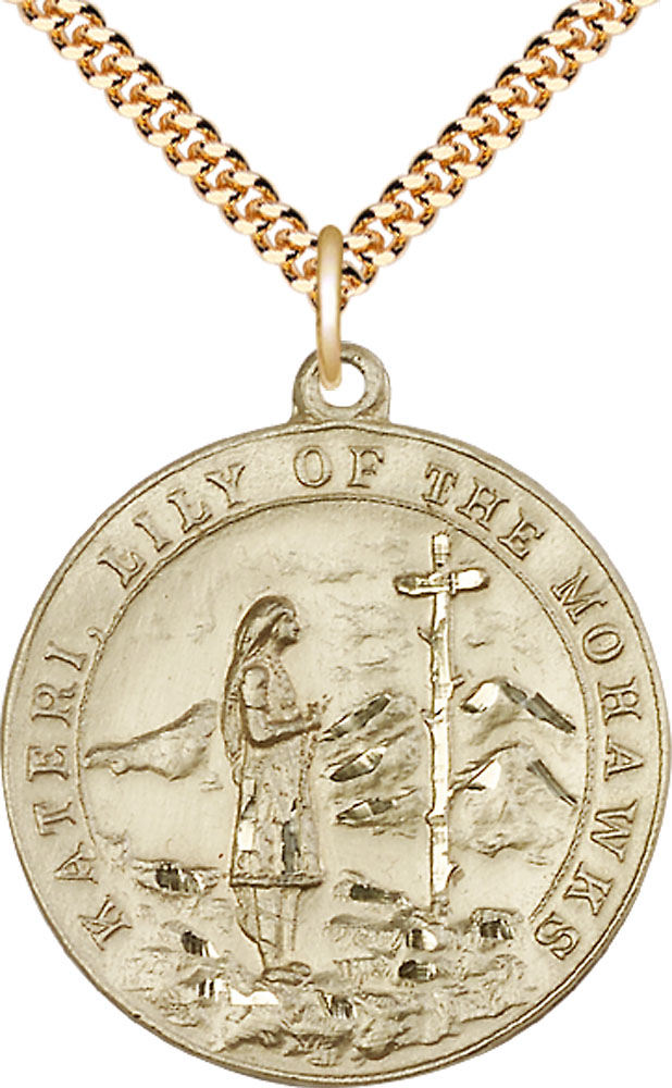 14kt Gold Filled Saint Kateri Pendant on a 24 inch Gold Plate Heavy Curb chain