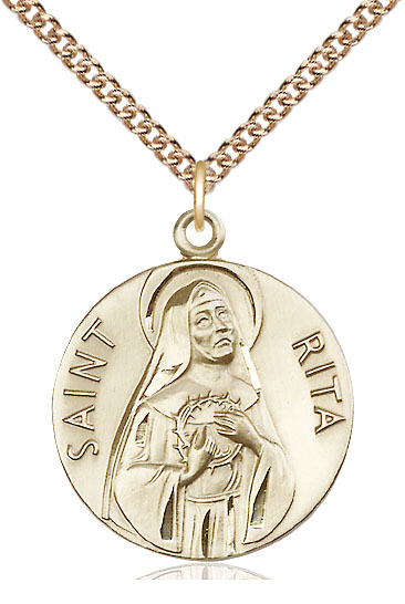 14kt Gold Filled Saint Rita of Cascia Pendant on a 24 inch Gold Filled Heavy Curb chain
